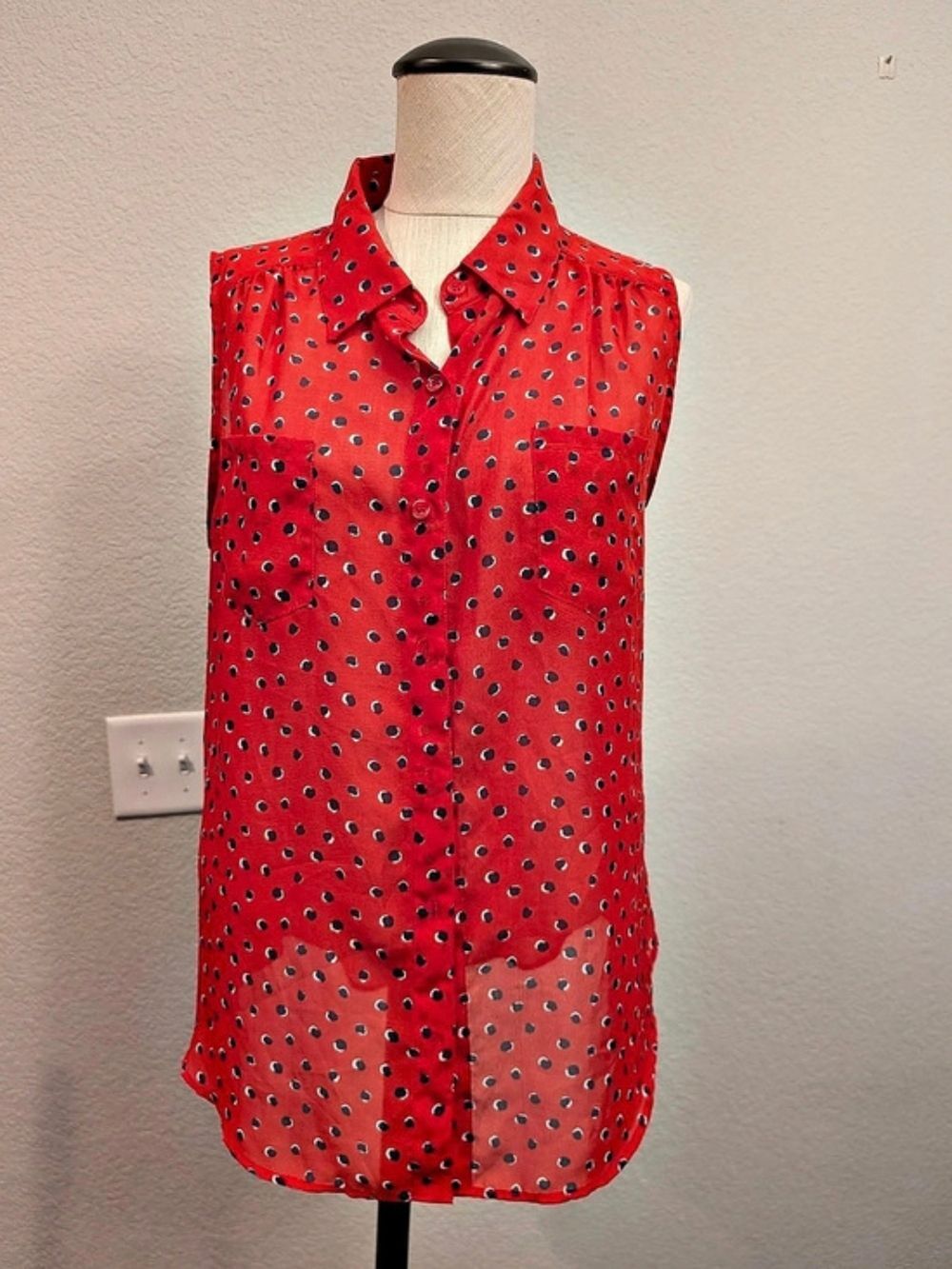 AB Studio Polka Dot Button Front Top in Red Size Medium Lightweight Office
